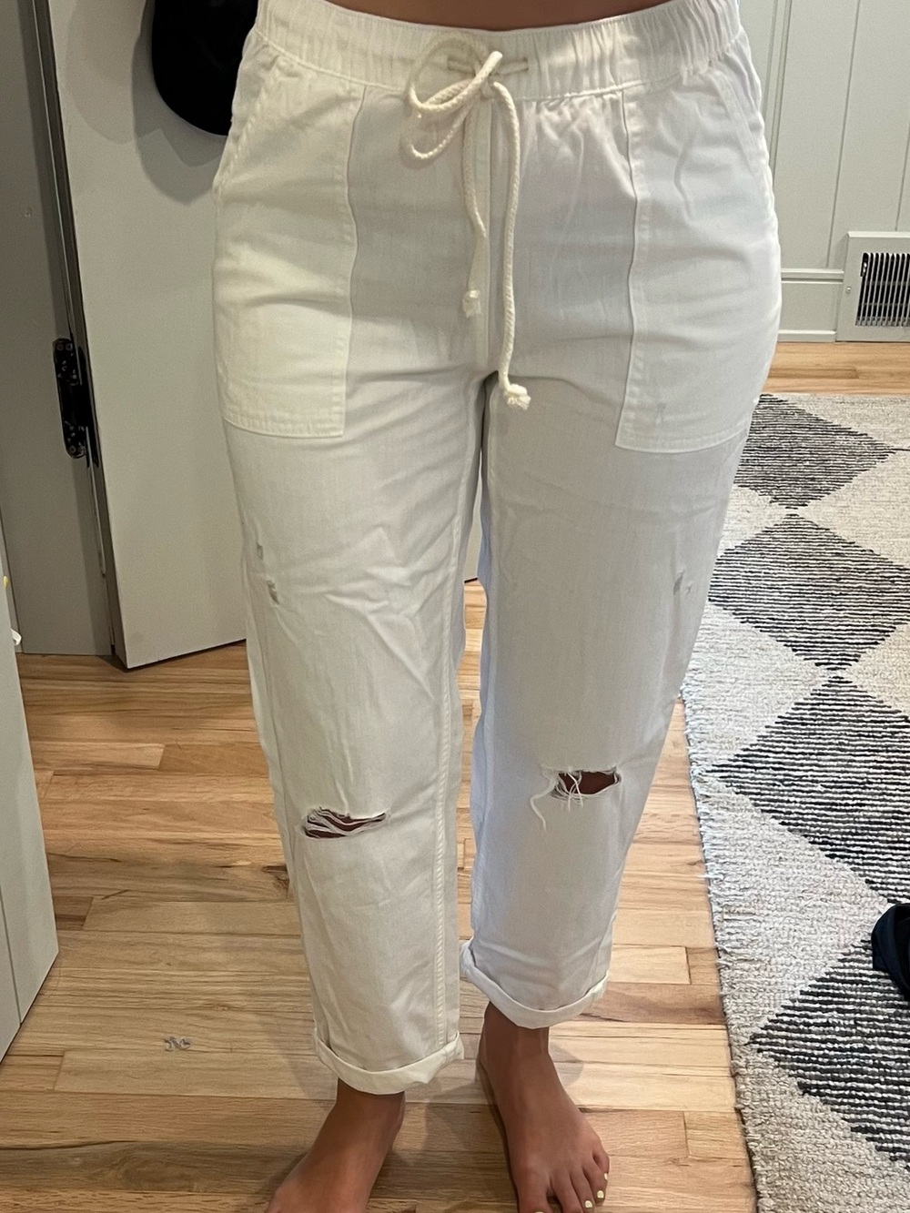 Aerie White Drawstring Slightly Distressed Pants